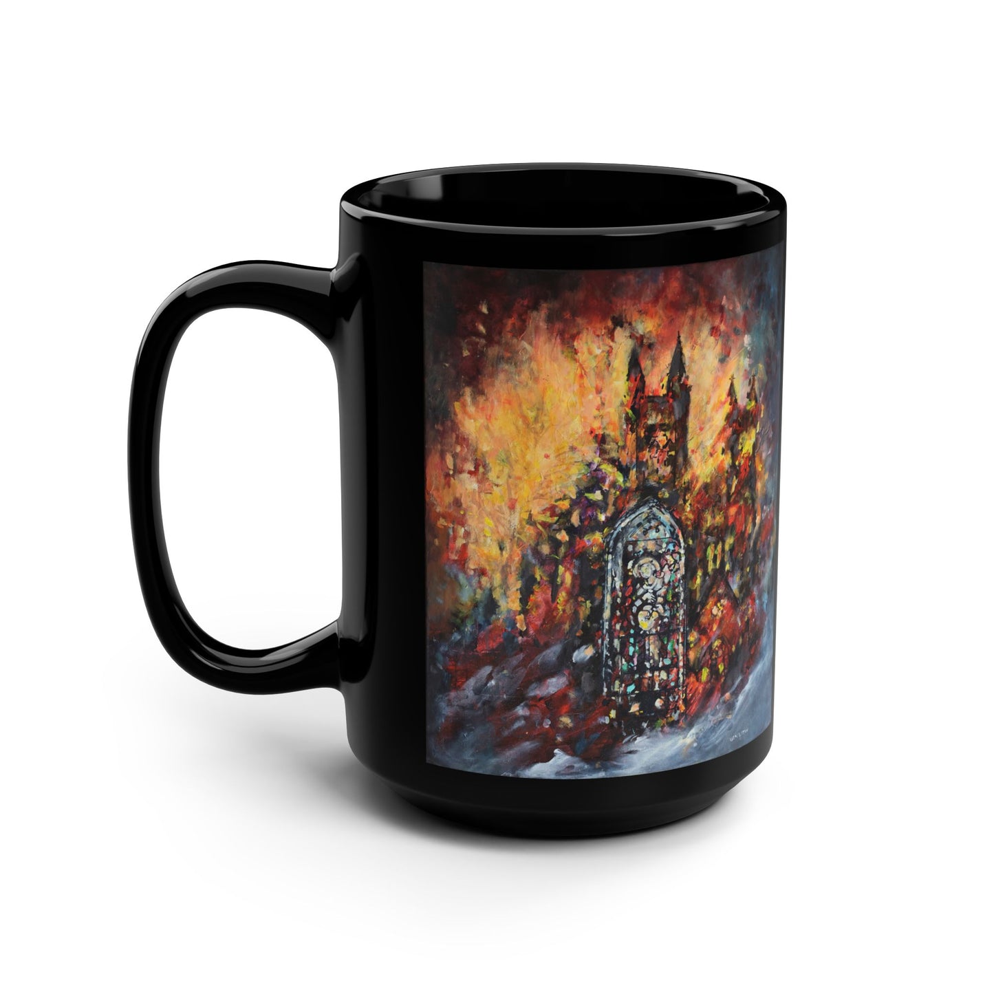 Grace Cathedral 1975 Fire – (Dual Image) 15 oz Mug | Commemorative Series by Lois VanLiew