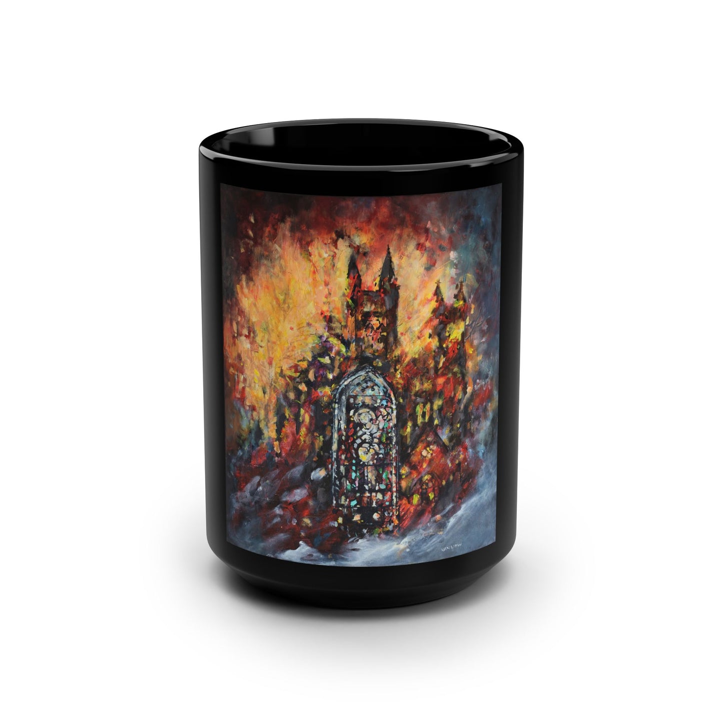 Grace Cathedral 1975 Fire – (Single Image) 15 oz Mug | Commemorative Series by Lois VanLiew