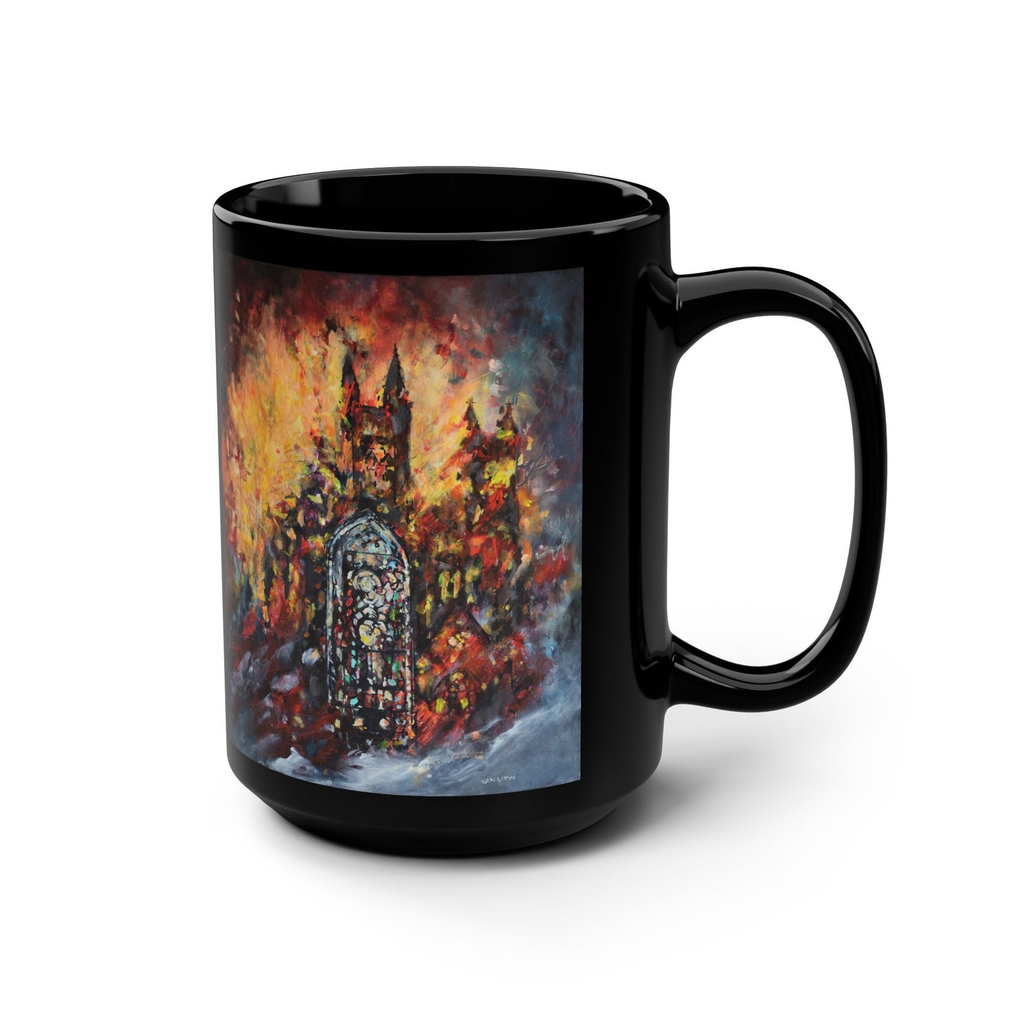 Grace Cathedral 1975 Fire – (Dual Image) 15 oz Mug | Commemorative Series by Lois VanLiew