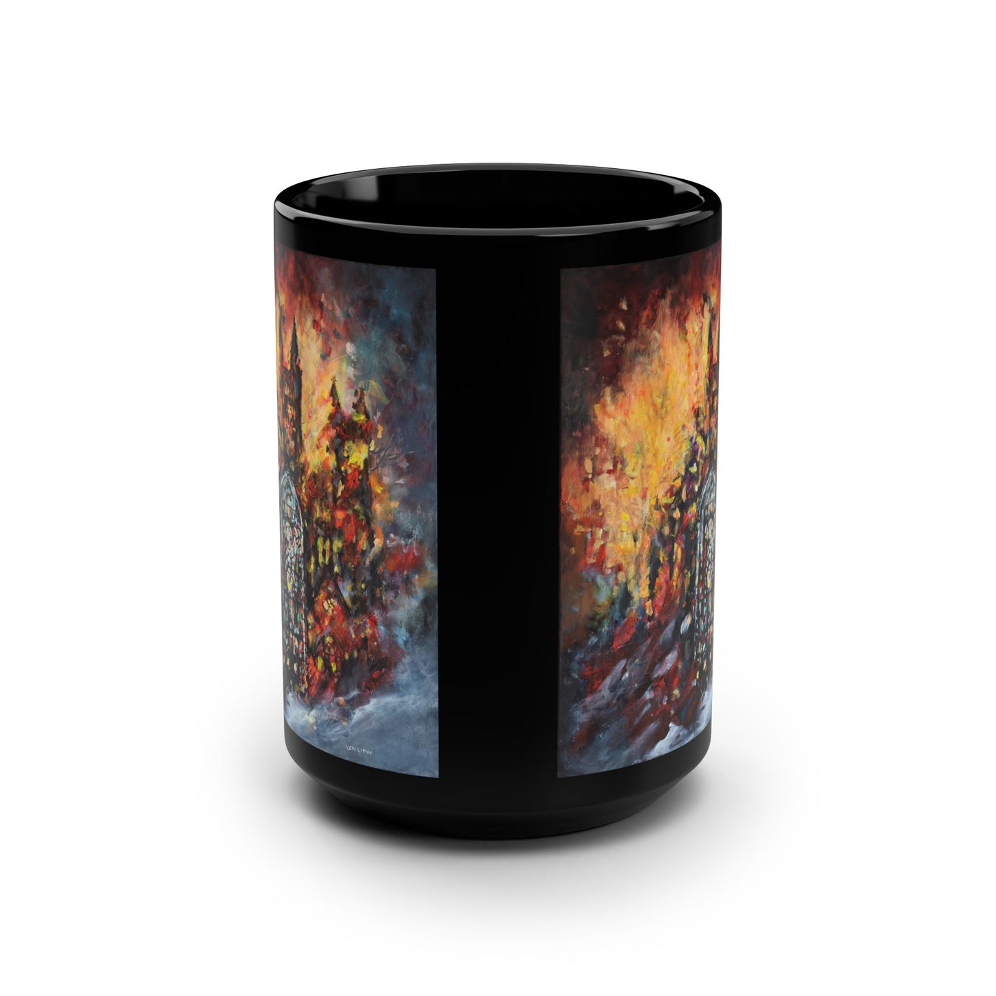 Grace Cathedral 1975 Fire – (Dual Image) 15 oz Mug | Commemorative Series by Lois VanLiew